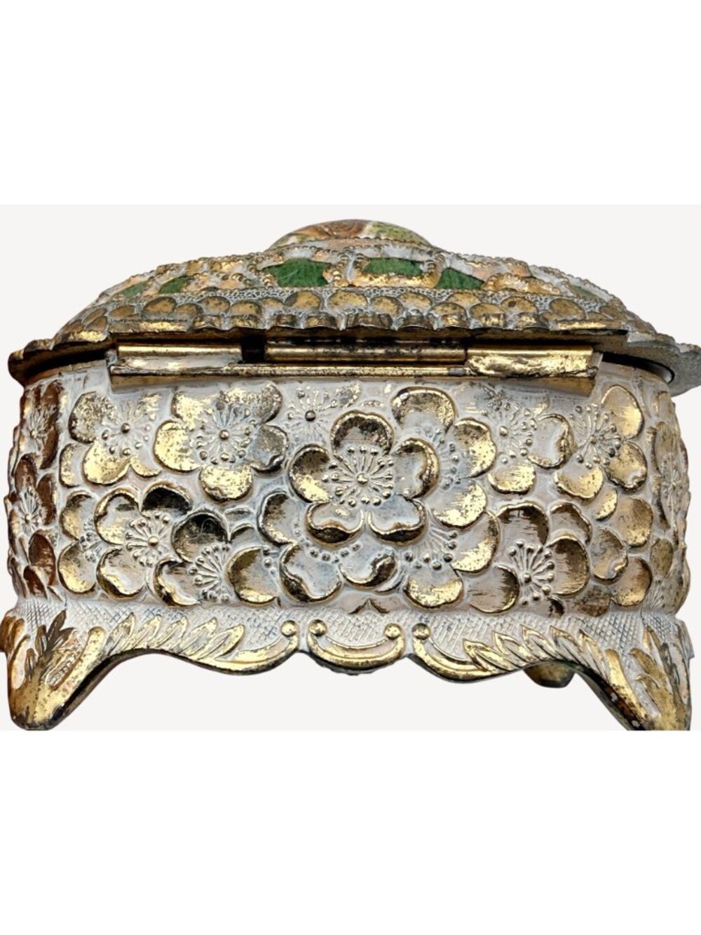 VTG Mele Musical Trinket Jewelry Box Sankyo Gold Filigree Green Velvet Japan - Picture 6 of 10